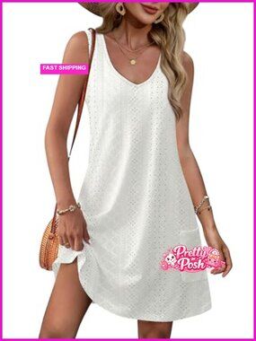 Loose V Neck Sleeveless Sundress Swimsuit Coverup with Pockets